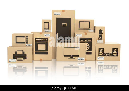 E-Commerce, Internet online Einkaufs- und Lieferservice Konzept. Haushalt Küchengeräte und home Technik im Boxen isoliert auf weiss. 3D illustration Stockfoto