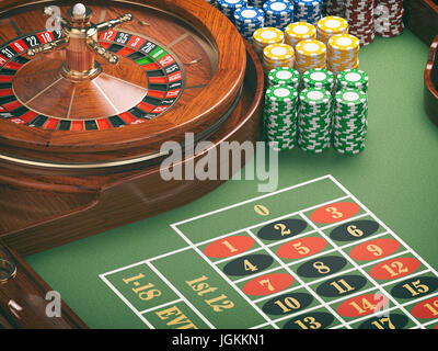 Glücksspiele oder Casino-Hintergrund-Konzept. Casino Roulette-Rad mit Casino-Chips am grünen Tisch. 3D illustration Stockfoto