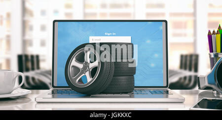 Pkw-Räder auf einem Laptop auf Office-Hintergrund. 3D illustration Stockfoto