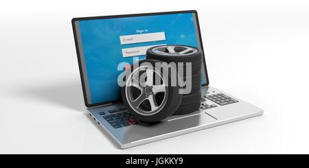 Pkw-Räder auf einem Laptop auf weißem Hintergrund. 3D illustration Stockfoto