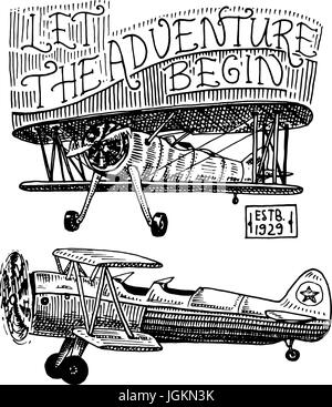 Satz von Passagier Flugzeuge Maiskolben oder Flugzeug Luftfahrt Reisen Illustration. gravierte handgezeichnete im alten Stil Sketch, Oldtimer Transport. Stock Vektor