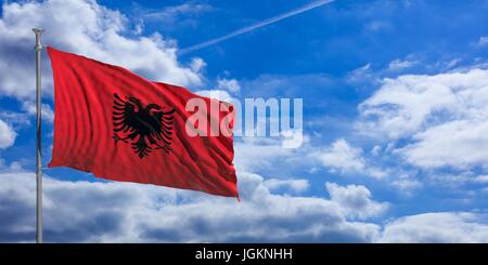 Albanien-Fähnchen auf blauen Himmelshintergrund. 3D illustration Stockfoto