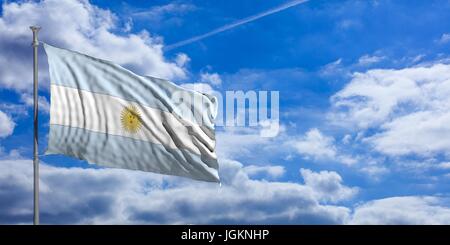 Argentinien-Fähnchen auf blauen Himmelshintergrund. 3D illustration Stockfoto