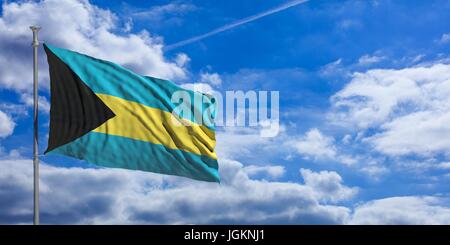 Bahamas Flagge winken auf blauen Himmelshintergrund. 3D illustration Stockfoto