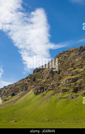 Kleinen Viehstall unter einem großen Felsvorsprung typisch für southern Island Gelände Stockfoto