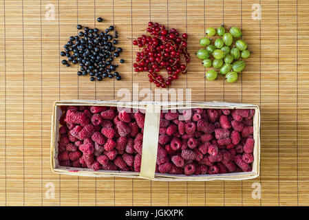 Frische Beeren: Himbeeren in den Korb, Stachelbeeren, Johannisbeeren, rote Johannisbeere auf einer Bambusmatte. Flach legen, Top Aussicht. Stockfoto