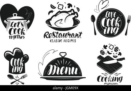 Restaurant, Menü, Essen-Beschriftung-Set. Kochen, Küche, Küche-Symbol oder Logo. Schriftzüge, Kalligraphie Vektor-illustration Stock Vektor