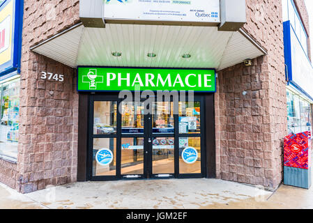 Montreal, Kanada - 26. Mai 2017: Pharmacie Shop Eingang und Schild Apotheke in Innenstadt tagsüber Stockfoto