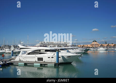 Europa, Portugal, Algarve, Vilamoura, Marina de Vilamoura, Yachthafen, Motoryachten, navigiert Stockfoto