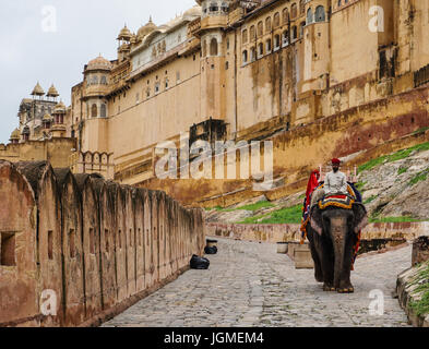 Jaipur, Indien - 28. Juli 2015. Menschen auf Elefanten auf dem gepflasterten Weg zum Amber Fort in Jaipur, Indien. Elefantenreiten sind beliebte touristische möbli Stockfoto