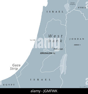 Westjordanland und Gazastreifen politische Karte mit Hauptstadt Ramallah. Staates Palästina mit benannten Hauptstadt Ost-Jerusalem. Graue Abbildung. Stockfoto