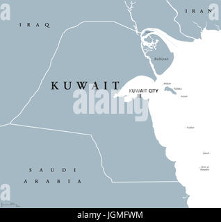 Kuwait politische Karte mit Hauptstadt Kuwait-Stadt. Staat und arabischen Land im Nahen Osten, an der Spitze des Persischen Golfs. Graue Abbildung. Stockfoto