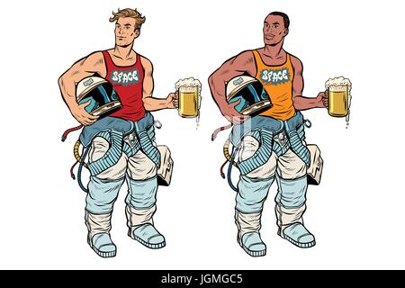 Afrikanische und kaukasischen Kosmonaut mit einem Bier Stock Vektor
