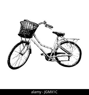 Klassische Fahrrad mit Korb Silhouette, detaillierte Vektor-Illustration. Vintage Grafiken. Handgezeichnete Skizze Vektorgrafik. Für Drucke, Textil, Werbe Stock Vektor