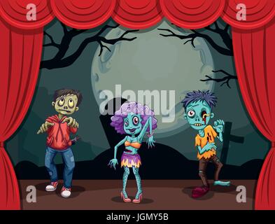 Drei Zombies auf Bühne illustration Stock Vektor