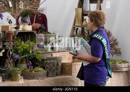 Weibliche Freiwillige arbeitet als Pflanze Finder & spricht zum Menschen hinter Handel Stall im Festzelt - RHS Chatsworth Flower Show Showground, Derbyshire, England, UK. Stockfoto