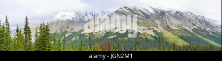 weiten Panoramablick auf die alpine Landschaft entlang des Icefields Parkway zwischen Jasper und Banff in den kanadischen Rocky Mountains Stockfoto