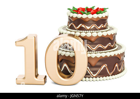 Geburtstag-Schokoladenkuchen mit Goldene Zahl 10, 3D-Rendering isolierten auf weißen Hintergrund Stockfoto