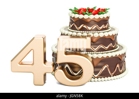 Geburtstag-Schokoladenkuchen mit Goldene Zahl 45, 3D-Rendering isolierten auf weißen Hintergrund Stockfoto