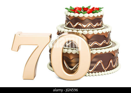 Geburtstag-Schokoladenkuchen mit Goldene Zahl 70, 3D-Rendering isolierten auf weißen Hintergrund Stockfoto