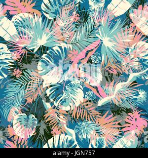 Exotischen Sommer endlos Hintergründe, abstrakte kreative trendige bunte nahtlose Muster mit tropischem Blattmuster nahtlos. Handgezeichnete künstlerische Textur. Pop Art. Stock Vektor