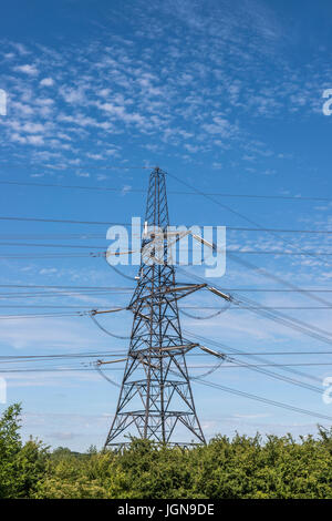 Strommasten oder Türme Hochspannung Stromlieferungen in Großbritannien tragen Stockfoto