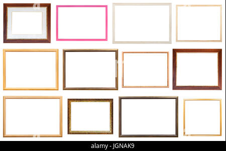 Reihe von verschiedenen modernen Holzbilderrahmen mit ausgeschnittenen Leinwand isoliert auf weißem Hintergrund Stockfoto