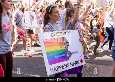 London, UK. 8. Juli 2017. Frauen halten pro Vielfalt zu protestieren, dass Zeichen während der Parade in London Pride 2017.Thousand Menschen marschieren die jährliche LGBT Parade durch die Hauptstadt anschließen. Bildnachweis: Nicola Ferrari/Alamy Live-Nachrichten Stockfoto