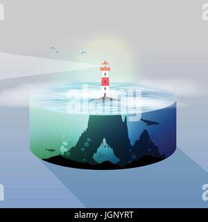 Leuchtturm-Insel Wasser Slice und Unterwasser-Blick - Vektor-Illustration Stock Vektor