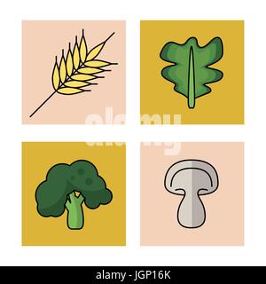 weißen Hintergrund mit Bildern von Weizen und Gemüse Salat-Broccoli und Pilzen Stock Vektor