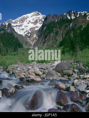 USA, Oregon, Mount Hood National Forest, Mount Hood Wilderness, Muddy Fork Sandy River stammt aus westlichen Hängen des Mount Hood. Stockfoto