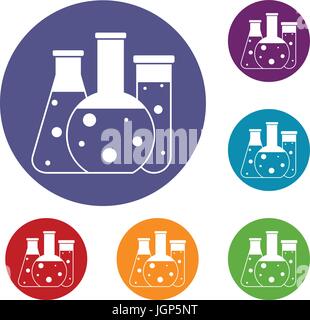 Labor Fläschchen Symbole inmitten einer flachen Kreis Reb, blau und grün Farbe für web Stock Vektor