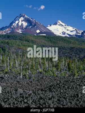 USA, Oregon, drei Schwestern Wildnis, Norden (links) und mittleren Schwester (rechts) Anhöhe jenseits Koniferen und Lavastrom in der Nähe von McKenzie Pass. Stockfoto