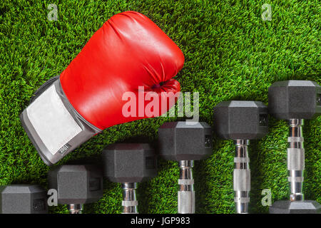 Hanteln, Boxhandschuhe auf grünem Kunstrasen Stockfoto