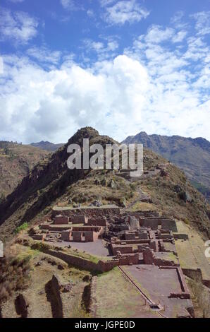 Die Inti Wattana Tempelkomplex von Pisac Inka-Ruinen Stockfoto