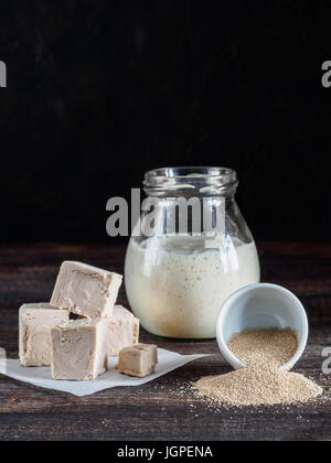 Verschiedene Arten Hefe. Frisch gepresste Hefe, instant Trockenhefe und aktive Weizen-Sauerteig-Starter (Wilde Hefe) auf Holztisch. Zurückhaltend. Selektive focu Stockfoto