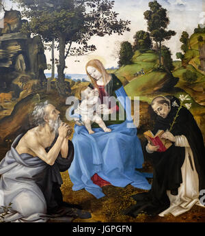 Jungfrau und Kind mit Heiligen Hieronymus und Dominic von Filippino Lippi, ca. 1485 Stockfoto