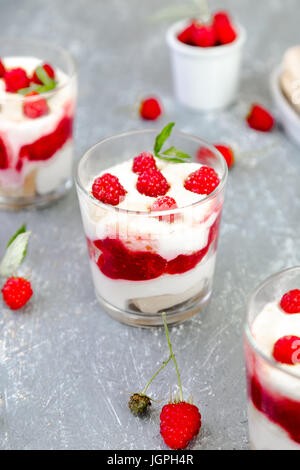 Tiramisu mit Himbeeren in Gläser auf grauem Hintergrund. Drei Teil. Italienisches Dessert. Stockfoto