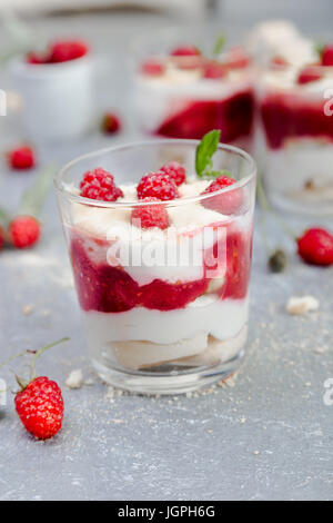 Tiramisu mit Himbeeren in Gläser auf grauem Hintergrund. Drei Teil. Italienisches Dessert. Stockfoto