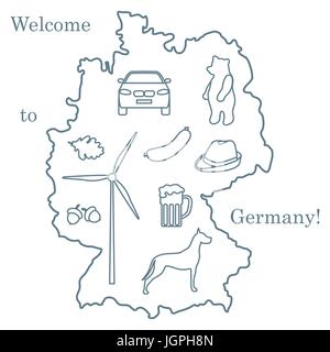 Vector Illustration mit verschiedenen Symbolen in Deutschland. Reisen und Freizeit. Design für Banner, Poster oder Drucken. Stock Vektor