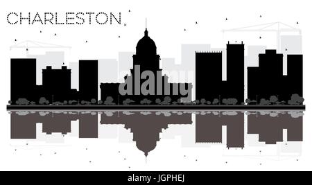 Charleston City Skyline schwarze und weiße Silhouette mit Reflexionen. Vector Illustration. Stadtbild mit Sehenswürdigkeiten. Stock Vektor