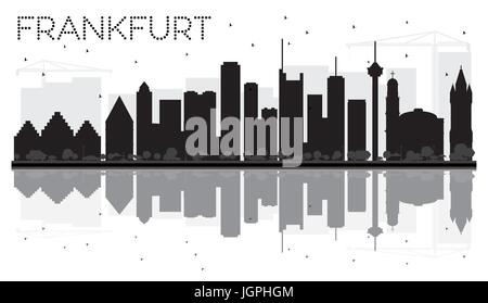 Frankfurt Skyline der Stadt schwarze und weiße Silhouette mit Reflexionen. Vector Illustration. Stadtbild mit Referenzmarken Stock Vektor