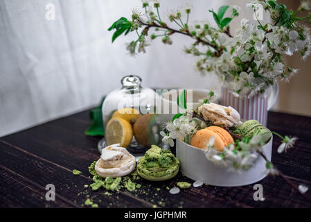 Zerkleinert, Pastelle, orange und grüne Makronen auf Holz Hintergrund mit ganzen in weißen Teller mit Krug mit Blumen auf der Rückseite Stockfoto