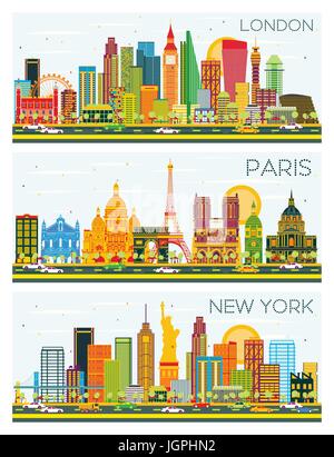 London, Paris, New York Skyline mit Farbe Gebäuden und blauer Himmel. Vektor-Illustration. Geschäftsreisen und Tourismus-Konzept mit historischer Architektur Stock Vektor
