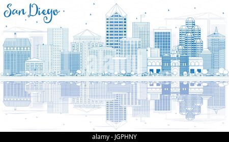 Übersicht San Diego Skyline mit blauen Gebäude und Reflexionen. Vector Illustration. Business Travel und Tourismus Konzept mit moderner Architektur. Stock Vektor