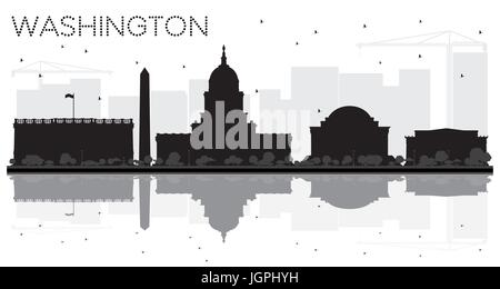 Washington DC City Skyline schwarze und weiße Silhouette mit Reflexionen. Vector Illustration. Stadtbild mit Referenzmarken Stock Vektor