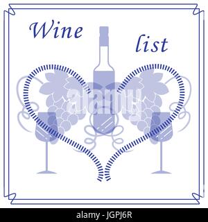 Niedliche Vektor-Illustration der Flasche Wein, Gläser, Trauben und Herz im Rahmen. Weinhandel. Shop, Bar, Restaurant, Weinkeller, Weinproben, Liste oder ev Stock Vektor