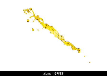 fliegende schöne Motoröl isoliert auf weißem Hintergrund und viele Tropfen Stockfoto
