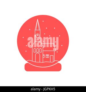 Vector Abbildung: Rathaus mit Uhr und das Haus innen Glaskugel mit Schnee. Design Element für Postkarte, Einladung, Banner oder Flyer i Stock Vektor