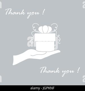 Niedliche Bild mit Hand, ein Geschenk und eine Inschrift: Ich danke Ihnen auf einem farbigen Hintergrund. Stock Vektor